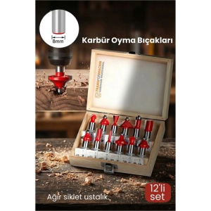 BFS Profesyonel 12'li Ahşap Freze Ucu Seti 8mm Şaft | Rulmanlı Karbür Oyma Bıçakları Ahşap Kutulu