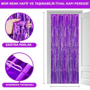 Mor Renk Ekstra Metalize Parlak Saçaklı Arka Fon Perde İthal A Kalite 1x2 Metre