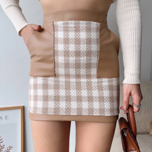 Deri cep garnili kaşe etek bej h24604 (Beden: M)