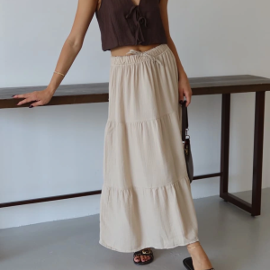 Müslin kumaş keten uzun etek bej pt (Beden: M)