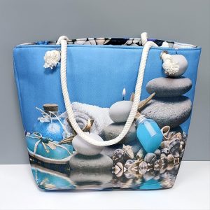 Deniz Taşları Desenli Plaj Çantası-Mavi