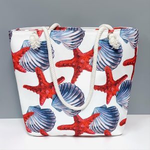 Deniz Yıldızı İstiridye Desenli Plaj Çantası-Beyaz