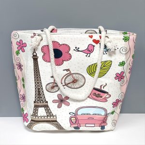 Eyfel Kulesi Desenli Plaj Çantası-Beyaz