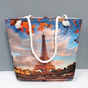 Eyfel Kulesi Desenli Plaj Çantası-Mavi
