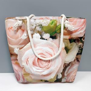 Gül Desenli Plaj Çantası-Açık Pembe