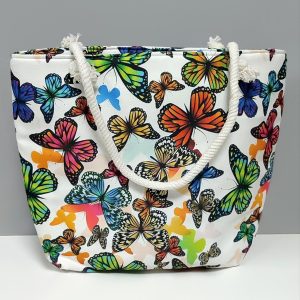 Kelebek Desenli Plaj Çantası-Beyaz