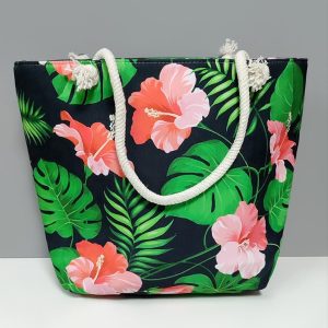 Yaprak Çiçek Desenli Plaj Çantası-Yeşil