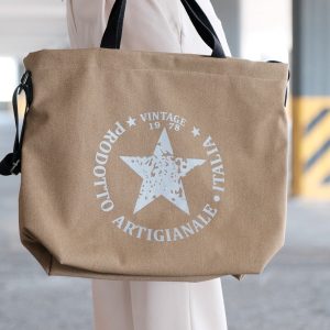 Kanvas Çapraz Askılı Tote Çanta Krem Yıldız Desen