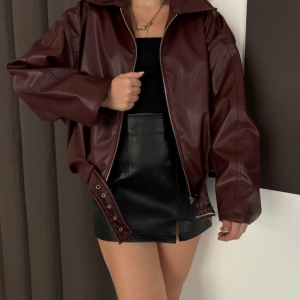 Astarlı kemerli pb deri ceket bordo onst (Beden: M)