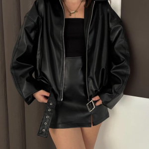 Astarlı kemerli pb deri ceket siyah onst (Beden: M)