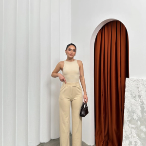 Cırtlı pantolon krep bej pt (Beden: M)