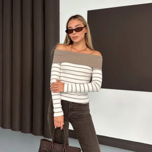 Çizgili madonna yaka kaşkorse bluz bej a844 (Beden: L)