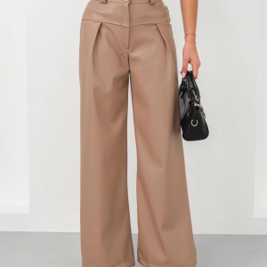 Deri geniş paça beli lastikli pantolon bej h263644 (Beden: M)