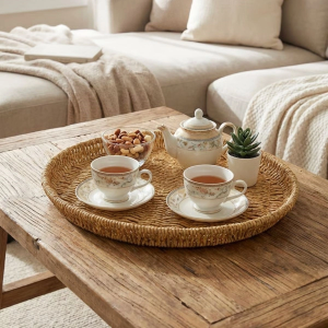 40 cm Plastik Rattan Tepsi – Hasır Görünümlü Dekoratif Servis Tepsisi, Mutfak, Kahvaltı, Sunum ve Masaüstü Çok Amaçlı Organizer