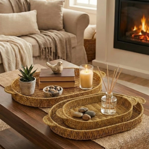 İç İçe Geçebilen 3’lü Oval Plastik Rattan Tepsi Seti–Hasır Görünümlü Çok Amaçlı Servis ve Sunum Tepsileri