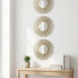 3’lü Gold Güneş Desenli Duvar Aynası Seti 27 cm | Dekoratif Yuvarlak Ayna
