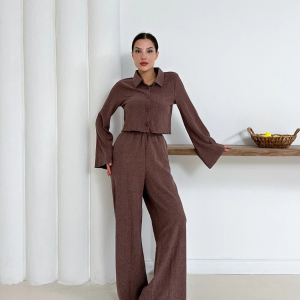 Gömlek Yaka Kaplama Düğmeli Takım Kahve St265866 (Beden: M)