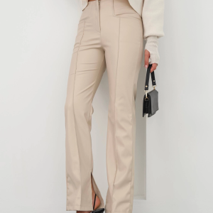 İspanyol yırtmaçlı paça deri pantolon bej hn (Beden: M)