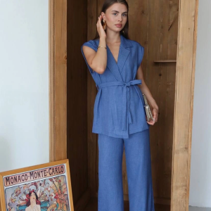 Keten yelek pantolon takım indigo pt (Beden: M)