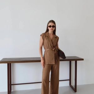 Keten yelek pantolon takım kahve pt (Beden: M)