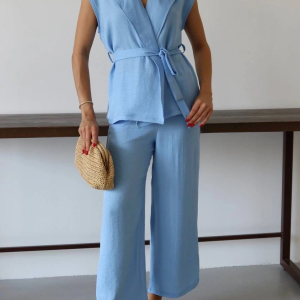 Keten yelek pantolon takım mavi pt (Beden: L)