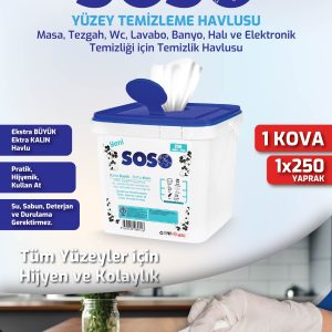 1 adet X 250 Yaprak - Soso Kova Beyaz Sabun Kokulu Sirkeli Karbonatlı Yüzey Temizleme Mendili