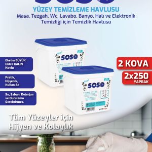 2 adet X 250 Yaprak - Soso Kova Beyaz Sabun Kokulu Sirkeli Karbonatlı Yüzey Temizleme Mendili