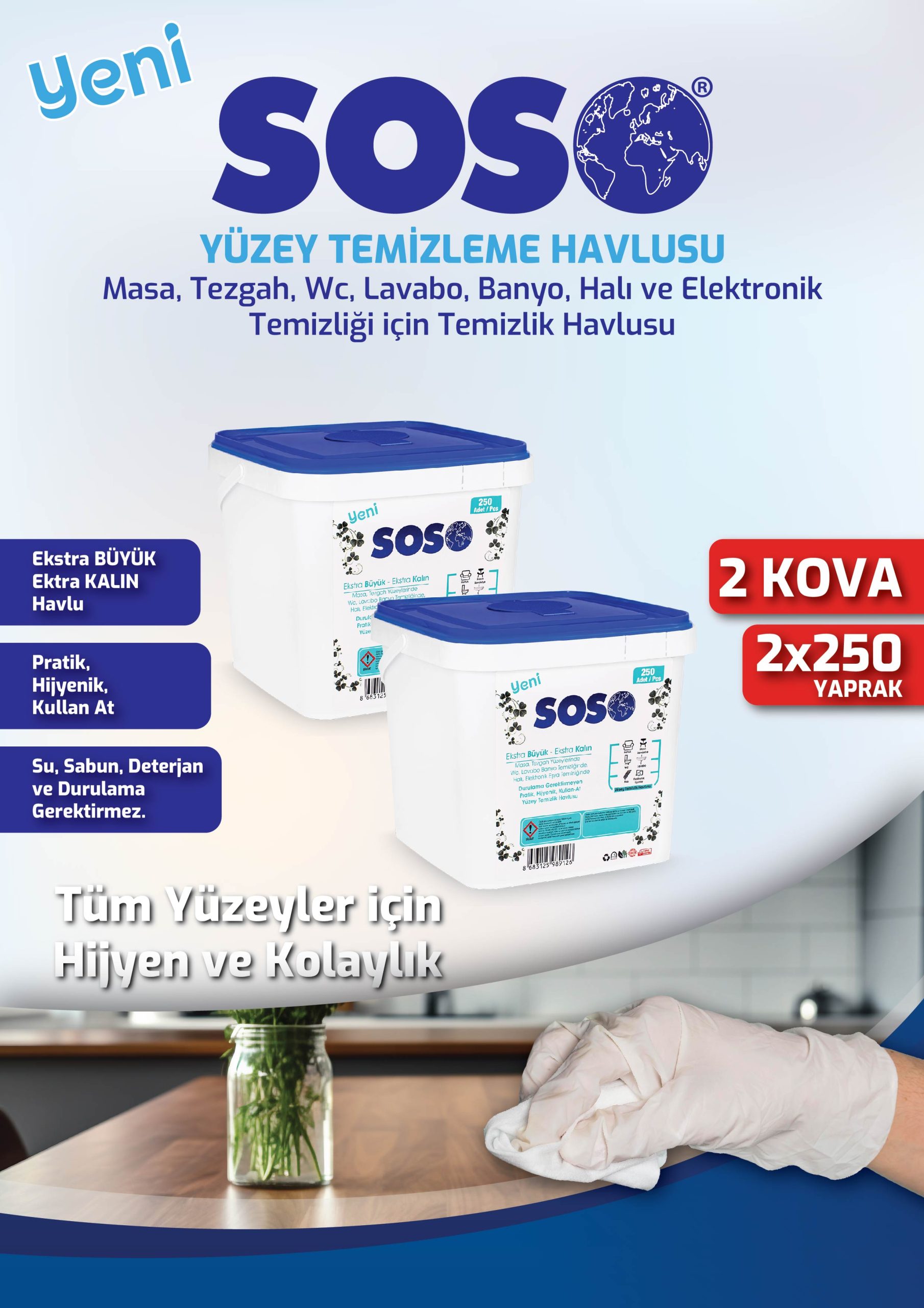 2 adet X 250 Yaprak - Soso Kova Beyaz Sabun Kokulu Sirkeli Karbonatlı Yüzey Temizleme Mendili