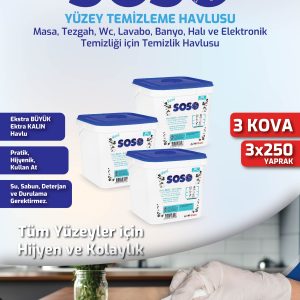 3 adet X 250 Yaprak - Soso Kova Beyaz Sabun Kokulu Sirkeli Karbonatlı Yüzey Temizleme Mendili