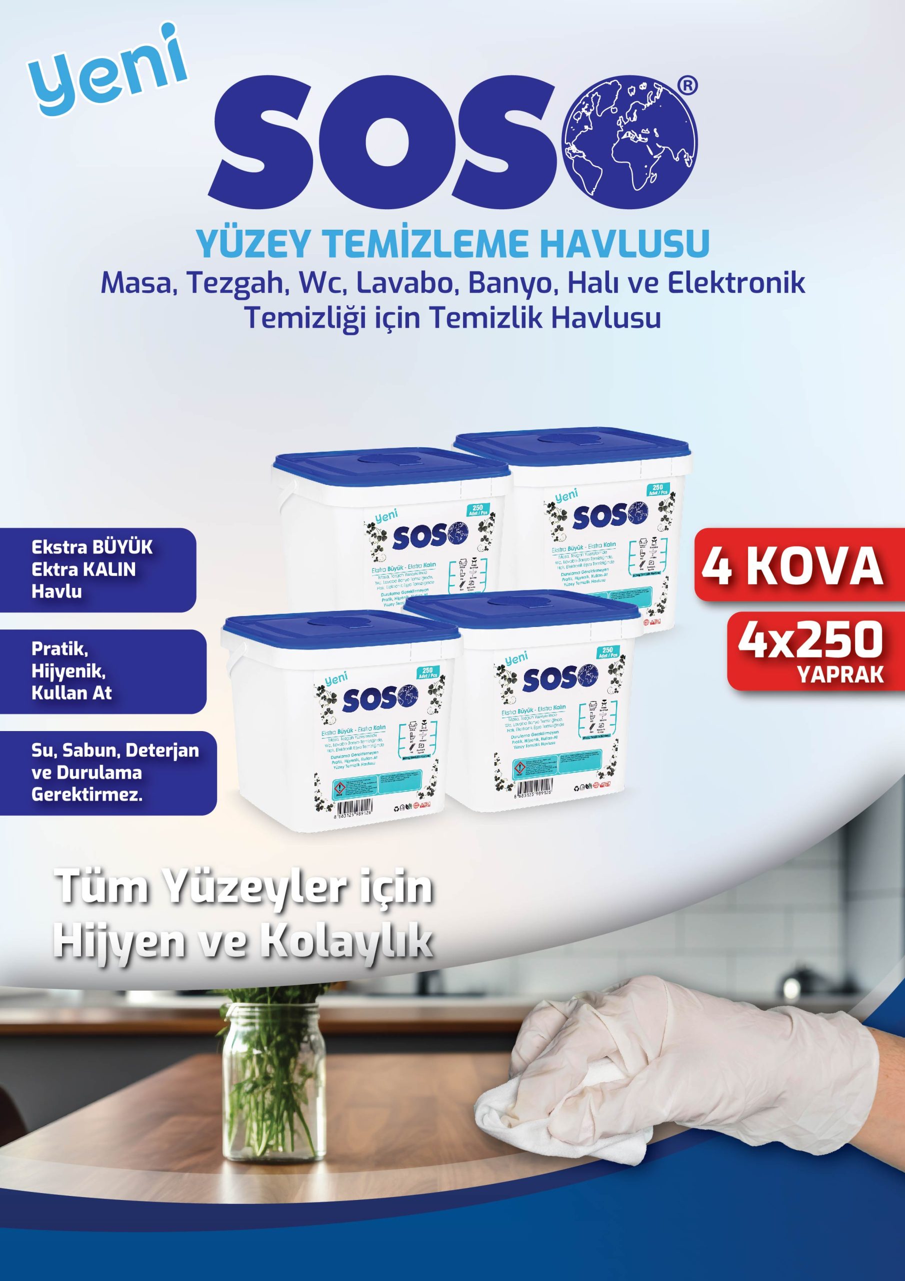 4 adet X 250 Yaprak - Soso Kova Beyaz Sabun Kokulu Sirkeli Karbonatlı Yüzey Temizleme Mendili