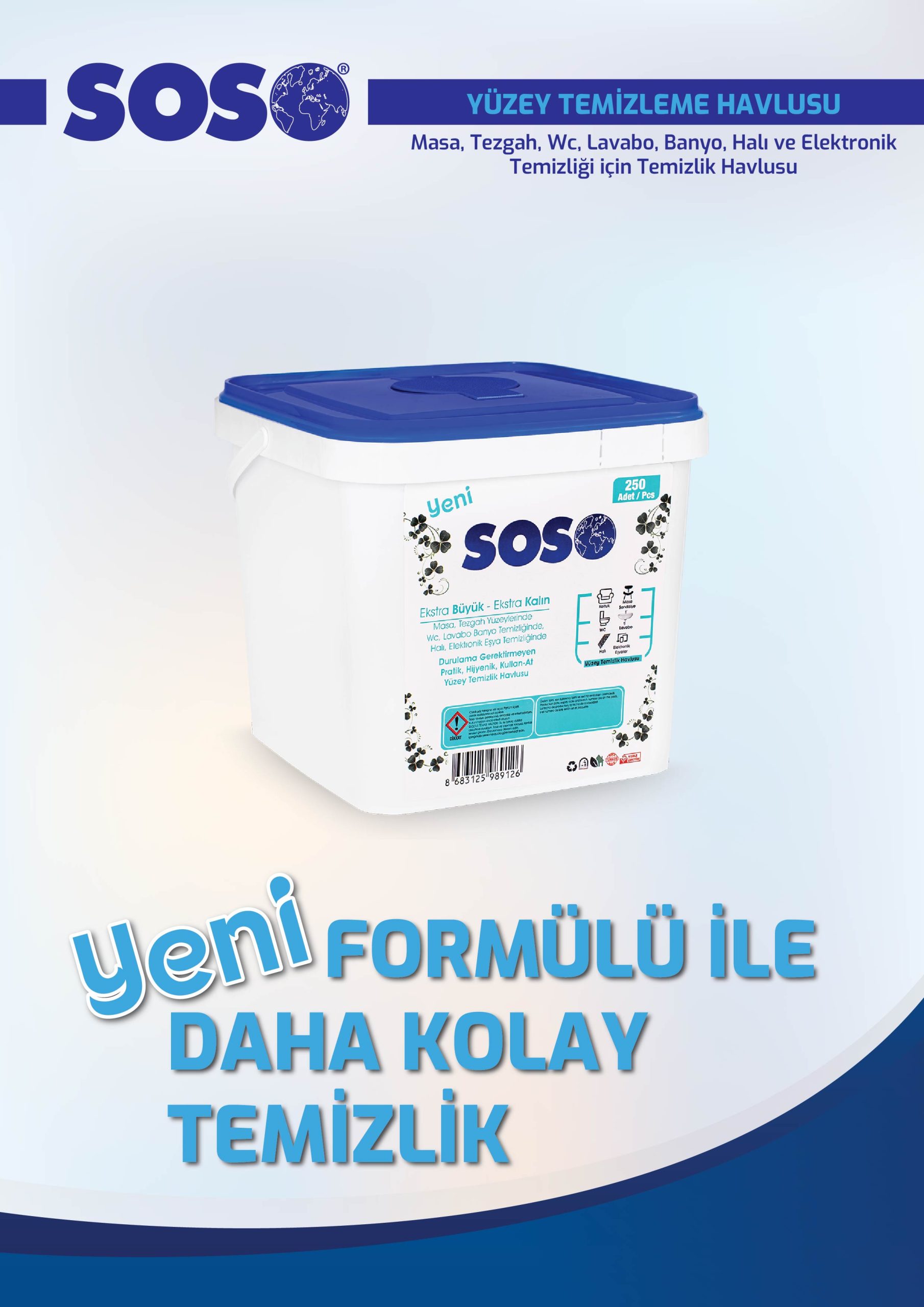 4 adet X 250 Yaprak - Soso Kova Beyaz Sabun Kokulu Sirkeli Karbonatlı Yüzey Temizleme Mendili - Görsel 3