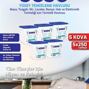 5 adet X 250 Yaprak - Soso Kova Beyaz Sabun Kokulu Sirkeli Karbonatlı Yüzey Temizleme Mendili