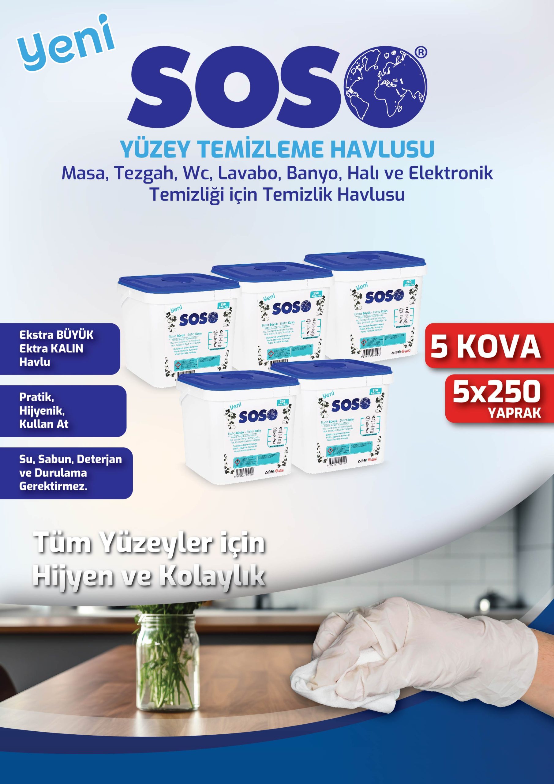 5 adet X 250 Yaprak - Soso Kova Beyaz Sabun Kokulu Sirkeli Karbonatlı Yüzey Temizleme Mendili