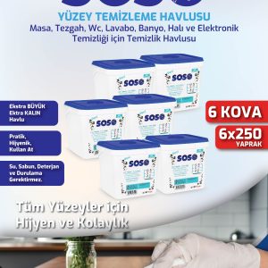 6 adet X 250 Yaprak - Soso Kova Beyaz Sabun Kokulu Sirkeli Karbonatlı Yüzey Temizleme Mendili