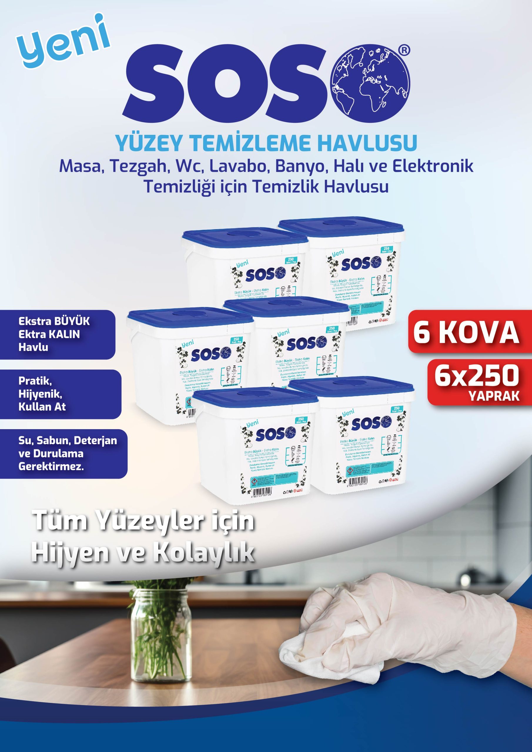 6 adet X 250 Yaprak - Soso Kova Beyaz Sabun Kokulu Sirkeli Karbonatlı Yüzey Temizleme Mendili