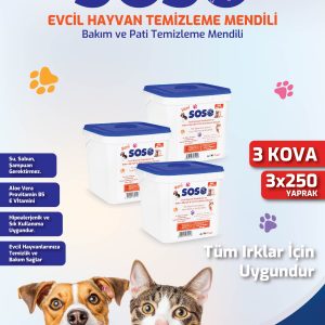 3 adet X 250 Yaprak - Soso Kova Evcil Hayvan Kedi Köpek Pati ve Vücut Temizleme Mendili