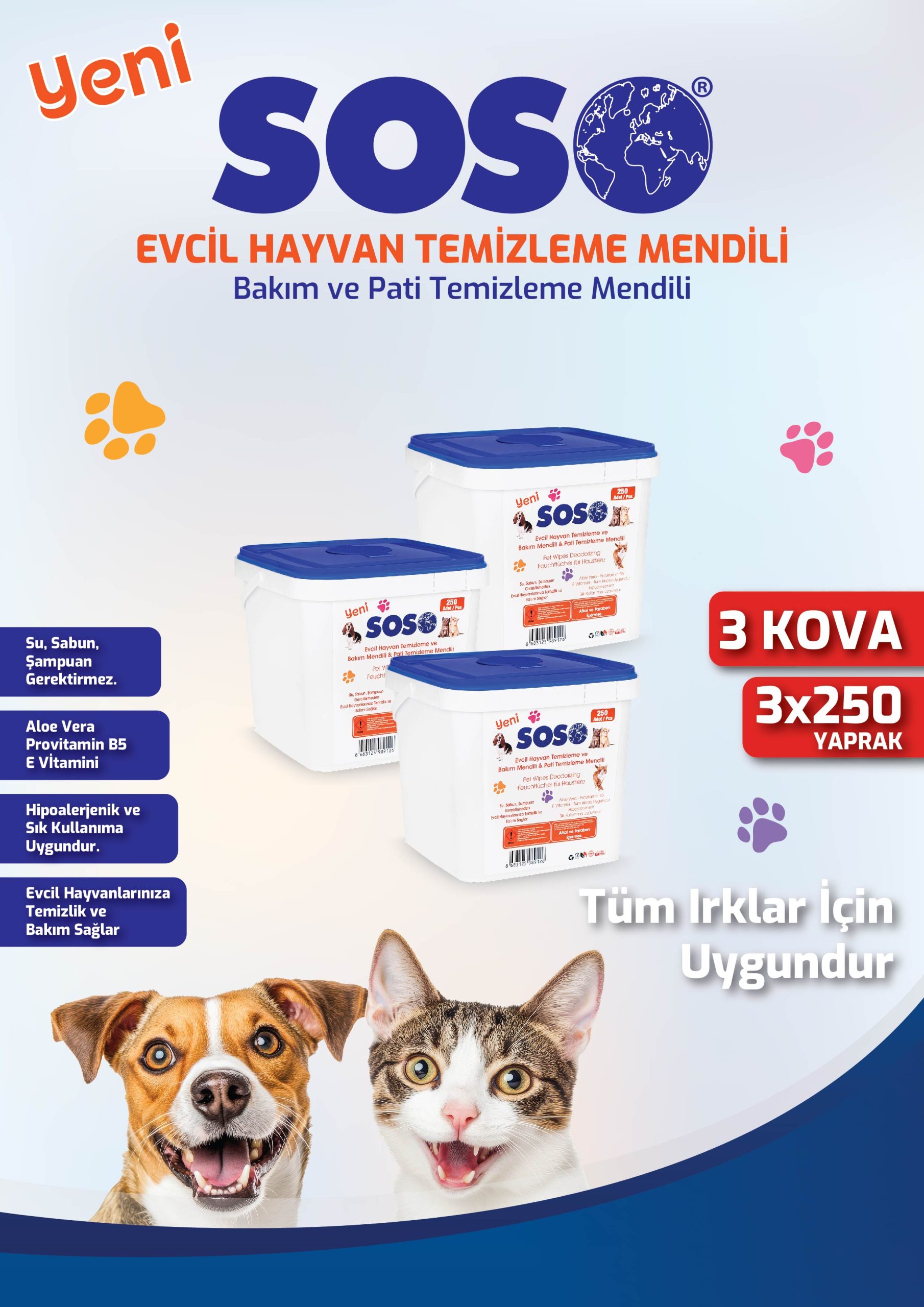 3 adet X 250 Yaprak - Soso Kova Evcil Hayvan Kedi Köpek Pati ve Vücut Temizleme Mendili