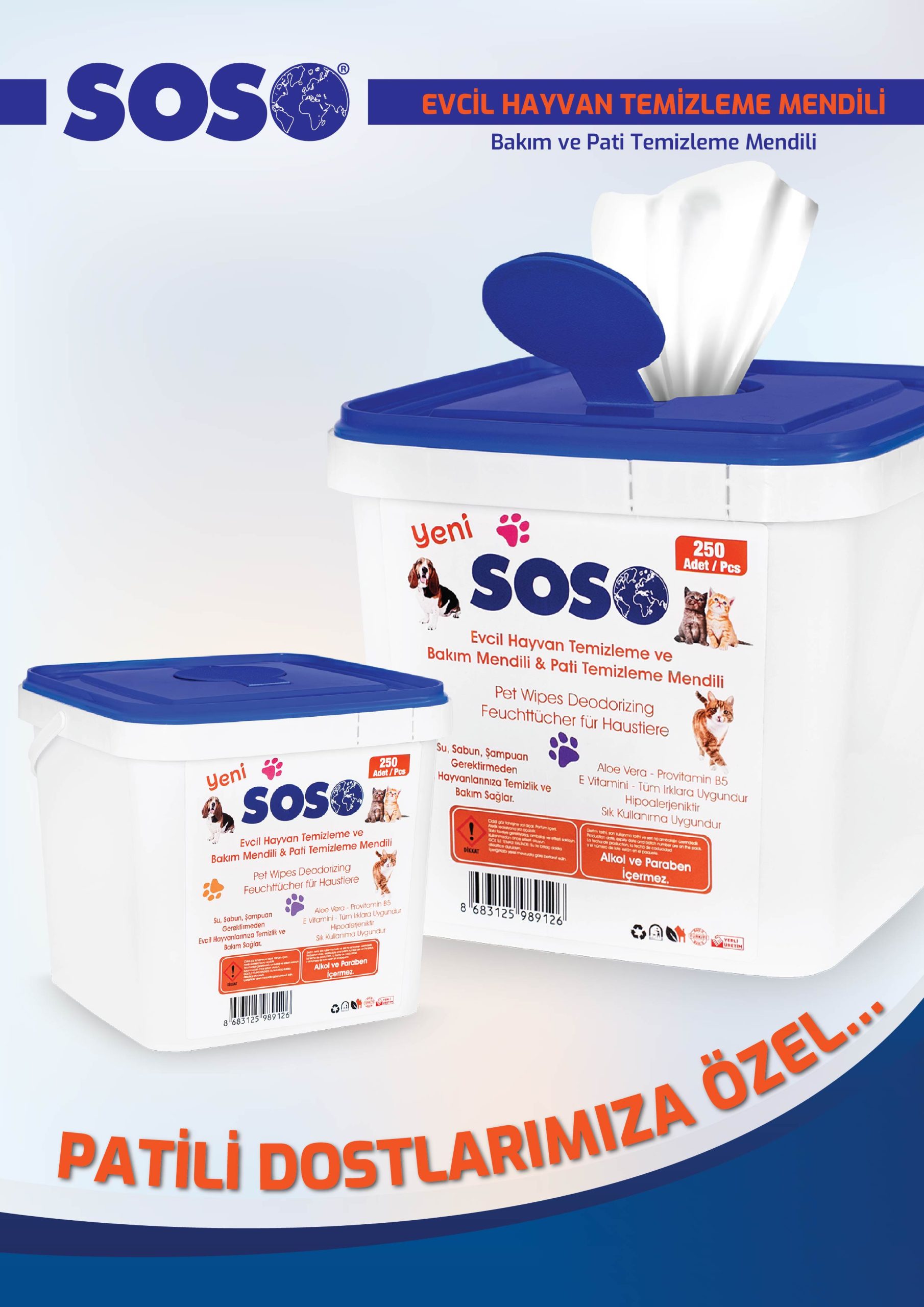 3 adet X 250 Yaprak - Soso Kova Evcil Hayvan Kedi Köpek Pati ve Vücut Temizleme Mendili - Görsel 2