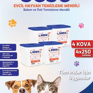 4 adet X 250 Yaprak - Soso Kova Evcil Hayvan Kedi Köpek Pati ve Vücut Temizleme Mendili
