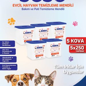 5 adet X 250 Yaprak - Soso Kova Evcil Hayvan Kedi Köpek Pati ve Vücut Temizleme Mendili