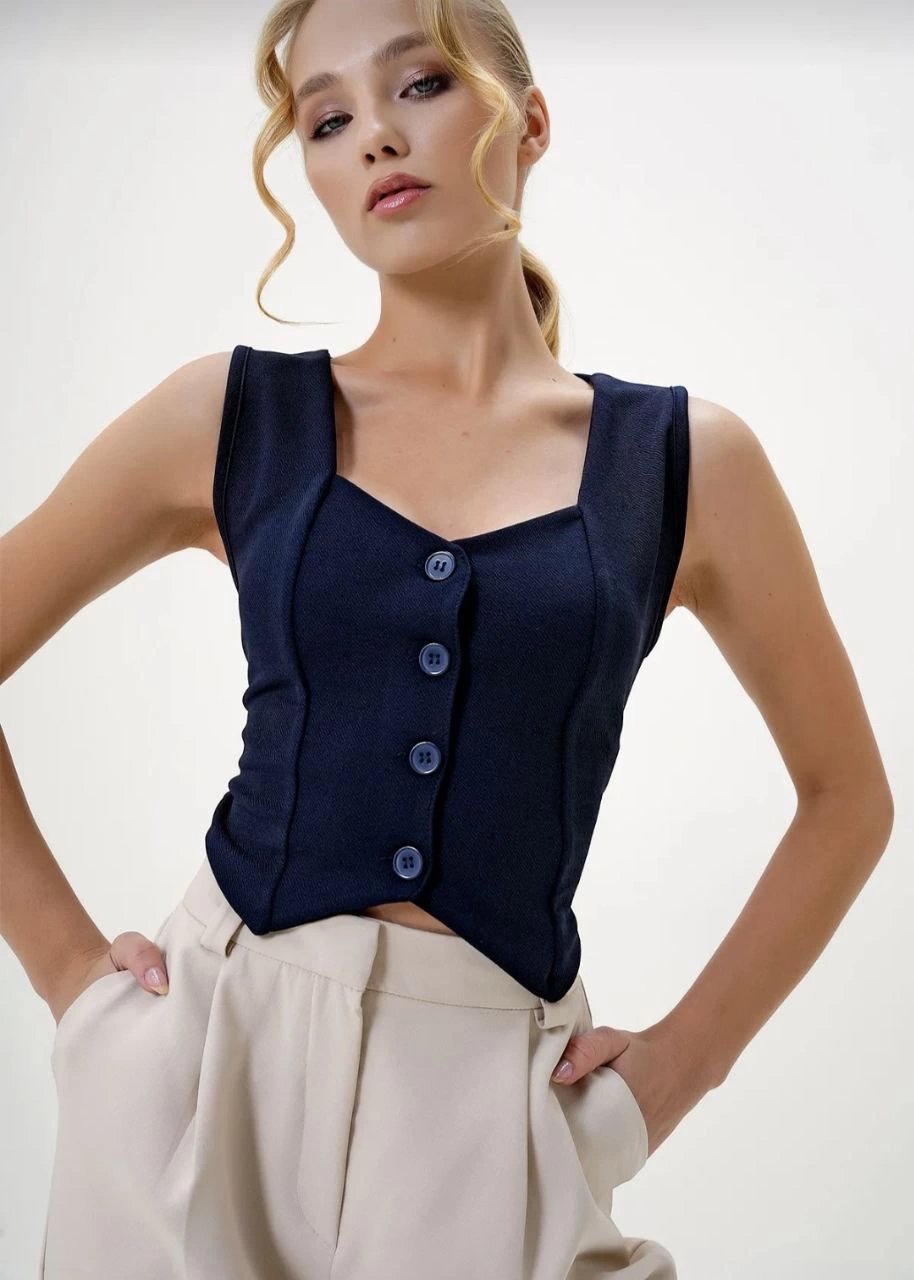 Krep Kumaş Düğmeli Yelek Lacivert S3395 (Beden: Xl)