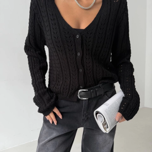 Küçük Düğmeli Küçük Örgülü Triko Hırka Siyah (Beden: Standart)