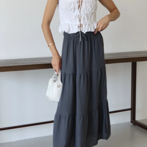 Müslin kumaş keten uzun etek antrasit pt (Beden: M)