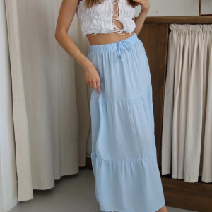 Müslin kumaş keten uzun etek mvi pt Mavi (Beden: M)