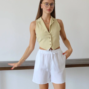 Müslin kumaş şort bağcıklı beyaz pt (Beden: M)