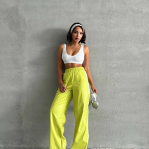 Şeritli deri pantolon yeşil h26430 (Beden: M)