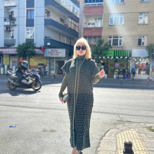 Siyah Çizgi Desenli Elbiseli Hırka Triko Takım Haki (Beden: Standart)