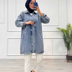 Taşlı Tunik Ceket Kar Yıkamalı Mavi D2516 (Beden: S/M)