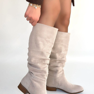 Winda Bej Süet Körüklü Topuklu Çizme (Numara: 40)