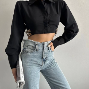 Yanı Kemer Detaylı Crop Gömlek Siyah S4009 (Beden: 40)